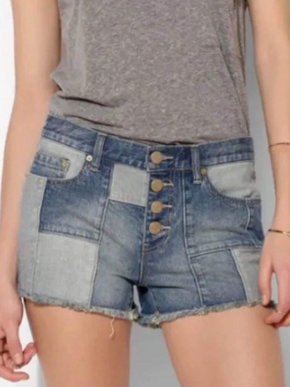 BDG Patchwork Mid Rise Cutoff Button Fly Denim Shortie Shorts Size 27